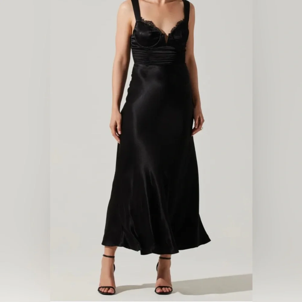 NEW Astr Aeris Satin Lace Trim Maxi Dress Navy Sz Medium Bustier Corset Feminine - Picture 16 of 17